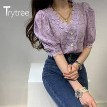 Trytree 2020 Летняя женская Повседневная Блузка с v-образным вырезом, пуговицами и кружевом, 3 цвета, с пышными рукавами, модная универсальная стильная блузка, топы 2024 - купить недорого