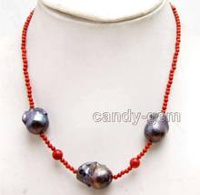 Fashion jewelry Free Shipping  SALE 14*25mm Baroque Black Nuclear pearl & 3-4mm Red Coral 18'' Necklace 2024 - buy cheap