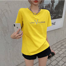 Casual Loose Oversize Korean Style 2021 Letter Embroidery Summer Short Sleeve Women Top Female T-Shirts Black White Yellow 2024 - buy cheap