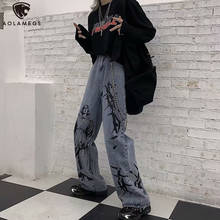 Aolamegs-jeans masculino, casual, estampa baggy, retrô, coreano, pernas largas, anime, calça jeans, mulheres, harajuku, hip hop 2024 - compre barato