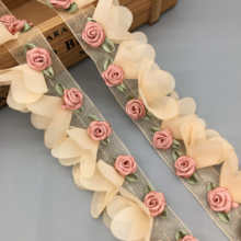 Cinta de tela Floral bordada para vestido de novia, adornos de encaje de flores 3D de albaricoque, 1 yarda, materiales DIY para manualidades de costura 2024 - compra barato