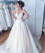Vestido de noiva 2021 vestido de casamento com decote em v apliques de renda sem mangas sem costas a linha vestidos de noiva feminino varredura trem lindo 2024 - compre barato
