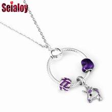 Seialoy New Purple Heart Beaded Unicorn Dangle Pendant Necklace Leaf Charm Necklace For Women Original Girls Collar Jewelry Gift 2024 - buy cheap