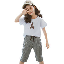 Girls Summer Clothes Letter Tshirt  + Short Clothes For Girls Plaid Teenage Girls CLothes Set Casual Style Kids Tracksuit 2024 - buy cheap