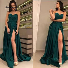 Sexy slit strapless pleat prom party evening dresses vestido de noiva sereia gown robe de soiree prom party simple satin lace-up 2024 - buy cheap