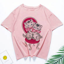 2020 nova moda de verão t camisa de t do sexo feminino camisa de impressão de impressão gráfica de dois gatos kawaii 2024 - compre barato