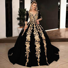 Black Velvet Formal Evening Dresses Custom Made V-neck Half Sleeve Sparkly Gold Lace Applique Kaftan Caftan Arabic Prom Gowns 2024 - buy cheap