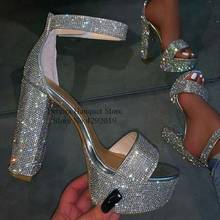Sandalias de tacón grueso de cristal plateado, zapatos de vestir de verano con diamantes de imitación ostentosos, con correa en el tobillo, zapatos de fiesta de boda 2024 - compra barato