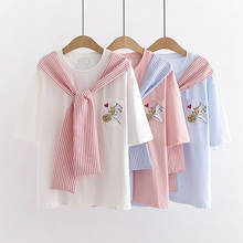 Summer Cartoon Embroidery Short Sleeve T Shirt Women Korean Loose Casual O Neck White Blue Pink Tshirts Girls Preppy Tee Tops 2024 - buy cheap