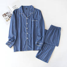 Conjunto de pijama xadrez viscose masculino, pijama simples de verão, manga longa, moda confortável, roupa de dormir masculina 2024 - compre barato