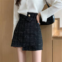 Vintage Plaid Tweed Skirts Women High Waist A-line Black Wool Mini Asymmetarical Skirt Fashion Casual All-match Spring Fall 2024 - buy cheap