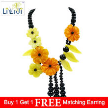 LiiJi Unique Natural Stone Black Agates Onyx,Korea Jades,Dye Orange color Jades Flowers Handmade Necklace 2024 - buy cheap