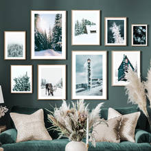 Winter Snow Landscape Moose Pine Forest Plant House Nordic Poster Wall Art Print Canvas Painting Decor Pictures For Living Room 2024 - buy cheap