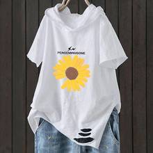 Летняя женская футболка размера плюс с коротким рукавом, свободная повседневная футболка с капюшоном, хлопковые топы с принтом 2024 - купить недорого