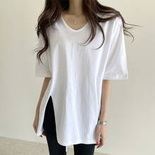 2021 round neck solid color split short sleeve T-shirt women 2024 - buy cheap