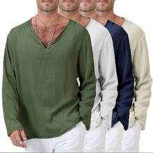 Outono primavera pescoço t camisas dos homens mangas completas de linho algodão manga longa camiseta dos homens gótico hippie roupas soltas masculino t camisa 2024 - compre barato