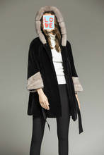 Arlenesain-abrigo con capucha para mujer, prenda de lana negra con retales de piel de visón, manga de siete cuartos, personalizado, nuevo diseño, 2019 2024 - compra barato