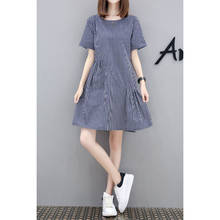 Vestido feminino de verão, novo vestido de comprimento médio para ser solto, fino, versão coreana, listrado, gola redonda, vestidos d245 2024 - compre barato