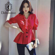 Dabuwawa Elegant Red V Neck Tie Button Front Blouse Women Tops Lantern Sleeve Solid Elegant Shirt Blouses Office Lady DT1BST011 2024 - buy cheap