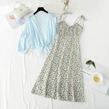 2021 Summer Suit Women Dress Two Piece Set V-Neck Sweet Floral Print Sling Chiffon Dress Long Sleeve Elegant A-line Vestidos 2024 - buy cheap