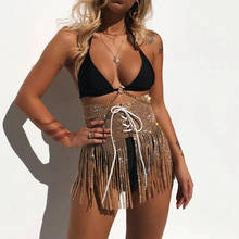 Sexy Sparkling Diamonds Rhinestone Mini Skirt Woman Lace Up Eyelets Bodycon Tassel Summer Beach Party Skirt Clubwear 2019 2024 - buy cheap