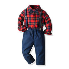 Conjunto de roupas manga comprida para meninos, roupas casuais vermelhas de xadrez para crianças pequenas 2024 - compre barato
