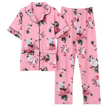 Feminino rosa vermelho pijamas conjunto feminino floral novo pijamas de algodão manga curta para mulher mais tamanho 4xl pijamas feminino homewear 2024 - compre barato