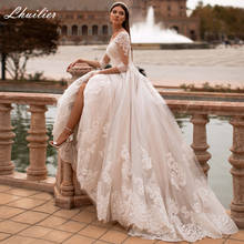 Lhuilier Elegant A-line Scoop Neck Half Sleeves Tulle Wedding Dresses Floor Length Lace Appliques Court Train Bridal Dress 2024 - buy cheap