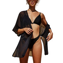 Female Bikini Cover Ups Solid Color Half Sleeve Cardigan Smock See-Through Blouse for Women Black 2024 - buy cheap