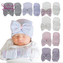 Nishine Stripe Bowknot Hats and Gloves Set Baby Girls Knitted Bow Cap Newborn Woven Bonnet Toddler Headwear Accessories 2024 - buy cheap