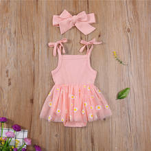 Lovely Toddler Baby Girls Romper Dress Flower Print Sleveless Bow Lace Tutu Jumpsuits Dress Headband Party Outfits 0-18M 2024 - buy cheap