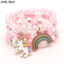 MHS.SUN Cute Unicorn/Rainbow Charms Beads Bracelets Bangles Elastic Jewelry Baby Girls Child Beaded Bracelets Pink/White Color 2024 - buy cheap