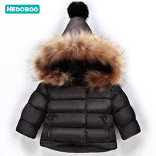 Medoboo/зимняя одежда для маленьких девочек и мальчиков, плотная теплая куртка с капюшоном и искусственным мехом для малышей Верхняя одежда, зимний костюм, комбинезоны 2024 - купить недорого