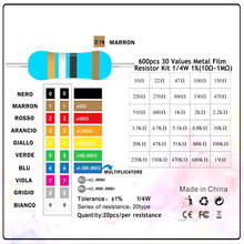 Resistencias de metal de 1% 1/4 W, de anillo de color (10 ohmios-1 miliohmnios), 30 valores x 20 uds., 6000 uds. por lote 2024 - compra barato