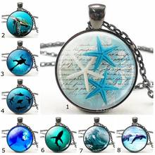 Cute Marine Life Necklace Turtle Dolphin Starfish Chain Necklace Glass Cabochon Blue Wave Pendant Jewelry Men Women Accessories 2024 - buy cheap