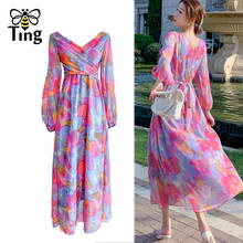 Tingfly verão boho rua casual floral impressão tie dye vestido chiffon amarrar v pescoço vestido solto vestidos de férias vestidos para mulher 2024 - compre barato