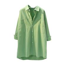 Mulheres blusa longa mulher verde azul escritório senhoras 100% algodão camisas casual blusa de algodão moda blusas femininas 2024 - compre barato