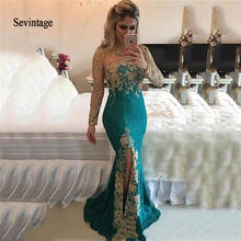 Sevintage-Vestidos de Noche de sirena árabe, de encaje dorado con cuentas de manga larga, Arabia Saudita, vestidos de fiesta de graduación transparentes con abertura lateral en la espalda 2024 - compra barato