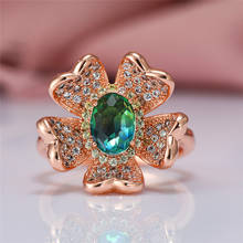 Clássico feminino azul verde oval anel de cristal elegante noiva flor anel de noivado do vintage cor de ouro rosa anéis de casamento para mulher 2024 - compre barato