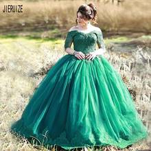 JIERUIZE Elegant Green Ball Gown Wedding Dresses Sheer O Neck Long Sleeves Appliques Lace Up Back Bride Dresses vestido de noiva 2024 - buy cheap