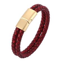 Double Layer Retro Red Braided Leather Bracelet Men Stainless Steel Magnetic Clasp Bangles Fashion Jewelry Male Wrist Band Gifts 2024 - buy cheap