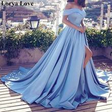 Light Blue Elegant Formal Party Night Evening Dresses 2020 Off Shoulder Satin Robe De Soiree Prom Gowns Women Sexy Long Gowns 2024 - buy cheap