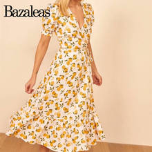 Bazaleas Vintage Wrap women dress Fashion V Neck dress France lemon Print vestido Elegant Ruffles women midi dresses 2024 - buy cheap