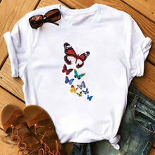 Camiseta feminina com estampa de borboleta, camiseta casual e gótica com gola redonda, manga curta de streetwear harajuku 2024 - compre barato