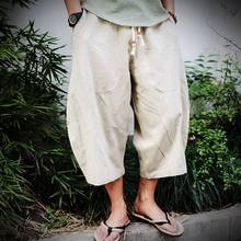 Лето 2020, брюки в китайском стиле, мужские укороченные брюки, брюки с широкими штанинами, льняные повседневные штаны 2024 - купить недорого