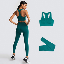 Conjunto esportivo feminino de calça legging sem costura, roupas esportivas para exercícios, vestuário ideal para ioga e exercícios, vestuário esportivo feminino 2024 - compre barato