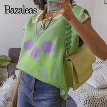 Women Sweater Casual Knit Tops Flower Pattern Green Pull Femme Vintage V Neck Tank Chic 2024 - buy cheap