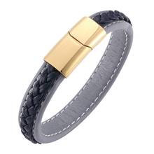 Fashion Men Accessories Gray Blue Leather Hand Bracelet Gold Stainless Steel Magnetic Clasp Punk Male Leather Wristband SP0213 2024 - buy cheap