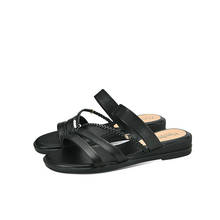 Sandálias femininas de couro legítimo, plus size 34-41, sapatos baixos de verão com fivela, leopardo, sapatos casuais para mulheres 2024 - compre barato