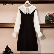 Women Vintage Spring Dress 2020 Mesh Peter Pan Collar White Chiffon Long Sleeve Patchwork Black Office Ladies Dresses 2024 - buy cheap